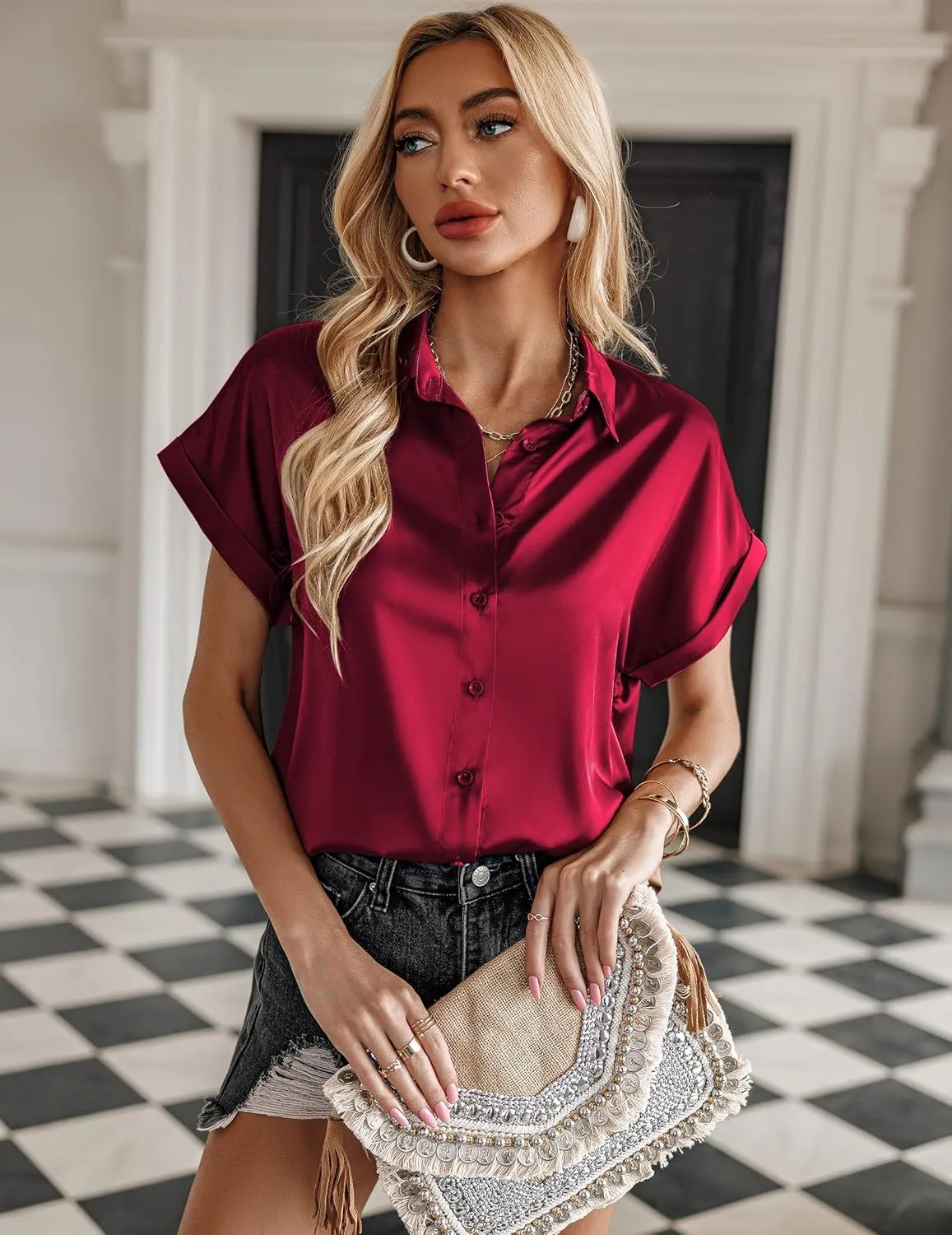 Zeagoo Silk Blouse for Women Short Sleeve Satin Button Down Shirts Casual Loose V-Neck Business Work Tunic Top
