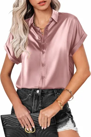 Zeagoo Silk Blouse for Women Short Sleeve Satin Button Down Shirts Casual Loose V-Neck Business Work Tunic Top
