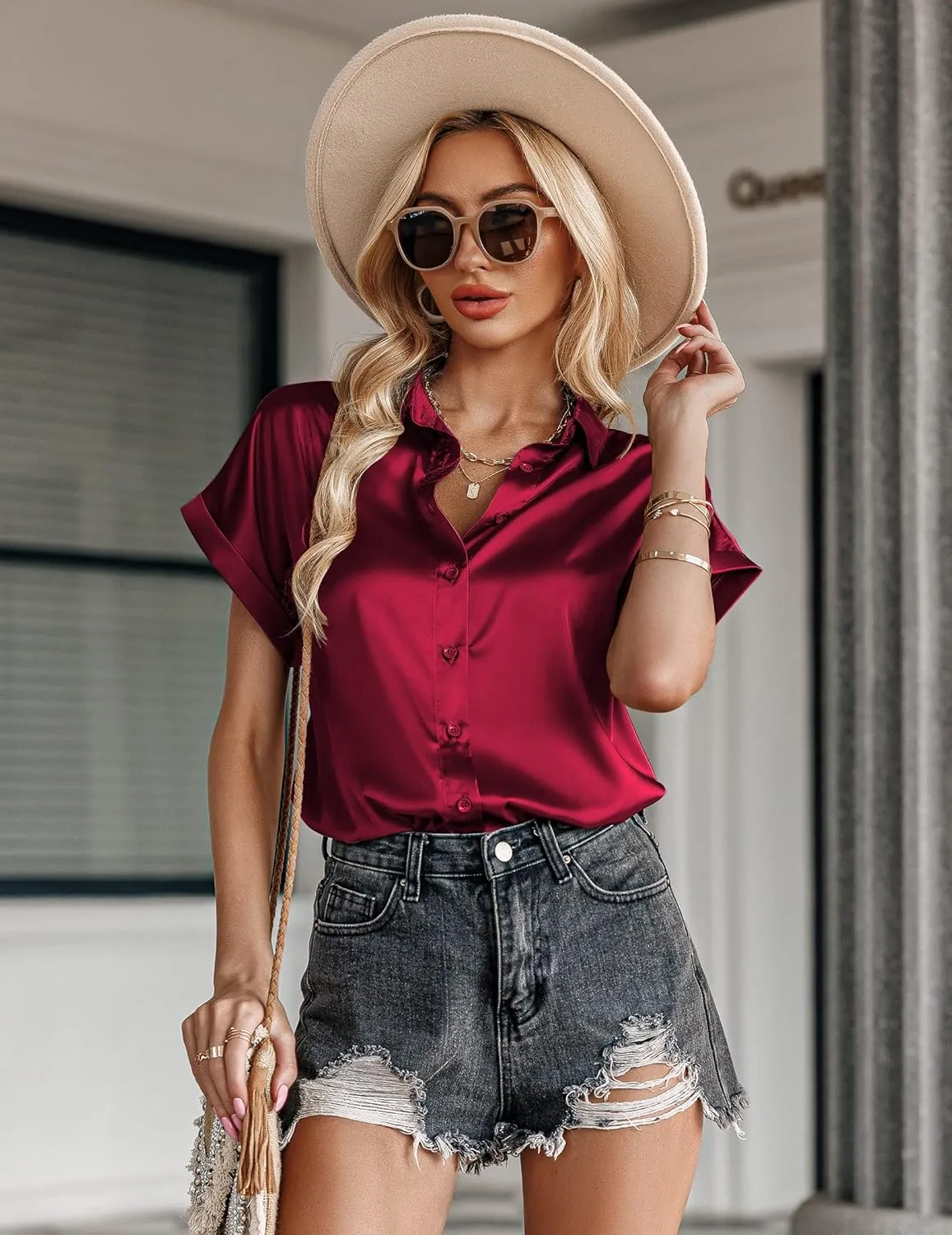 Zeagoo Silk Blouse for Women Short Sleeve Satin Button Down Shirts Casual Loose V-Neck Business Work Tunic Top