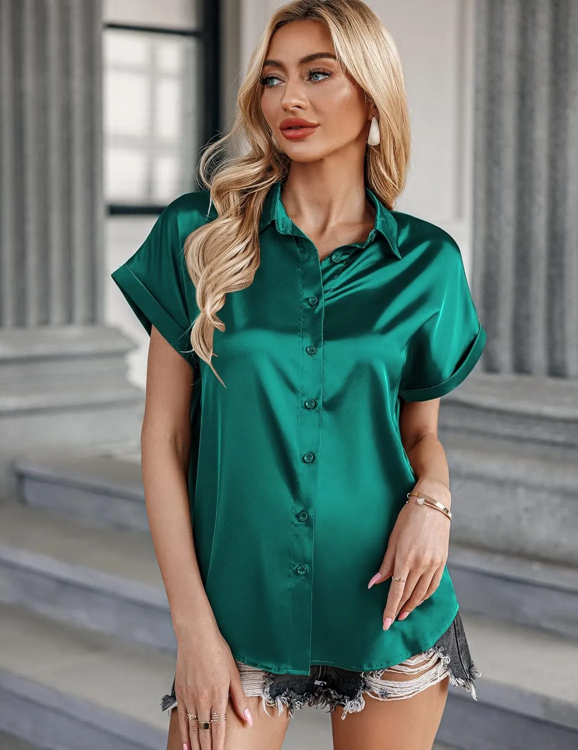 Zeagoo Silk Blouse for Women Short Sleeve Satin Button Down Shirts Casual Loose V-Neck Business Work Tunic Top