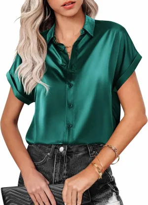 Zeagoo Silk Blouse for Women Short Sleeve Satin Button Down Shirts Casual Loose V-Neck Business Work Tunic Top