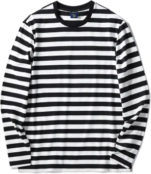 Zengjo Men's Casual Cotton Spandex Striped Crewneck Long-Sleeve T-Shirt Basic Pullover Stripe tee Shirt