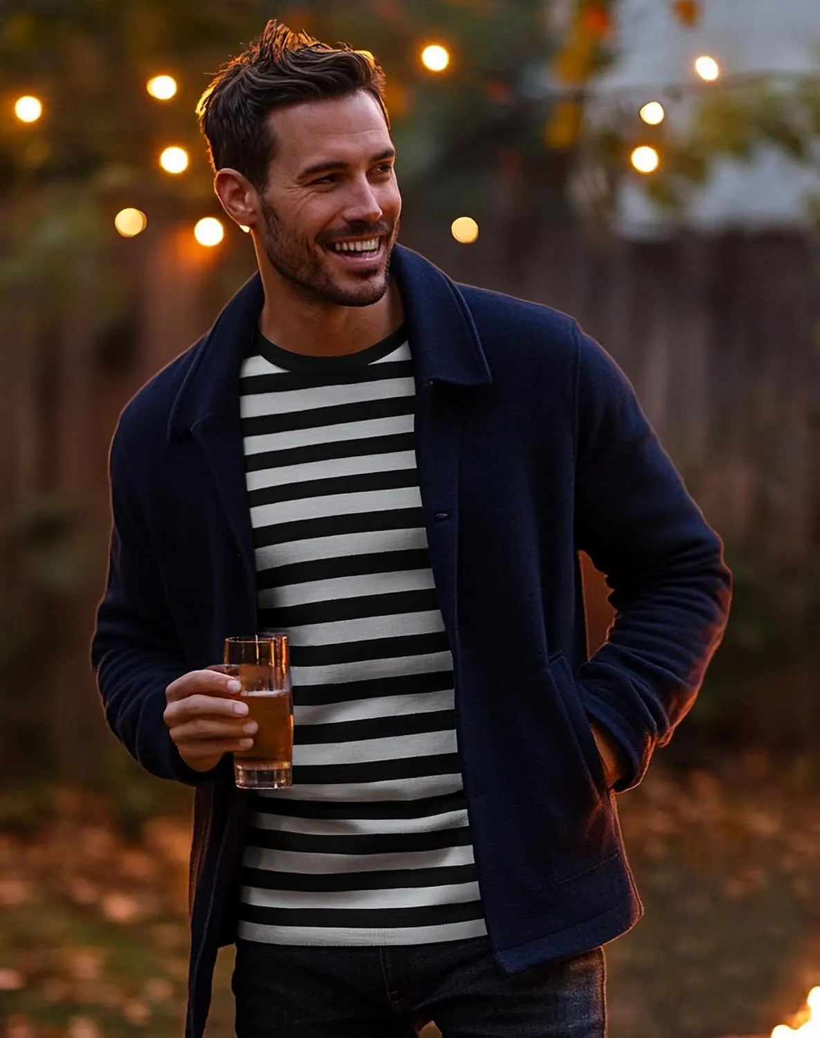 Zengjo Men's Casual Cotton Spandex Striped Crewneck Long-Sleeve T-Shirt Basic Pullover Stripe tee Shirt
