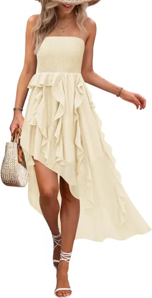 ZESICA Women's 2025 Summer Strapless Mini Dress Off Shoulder Smocked Tiered Ruffle Beach Vacation Tube Sundress