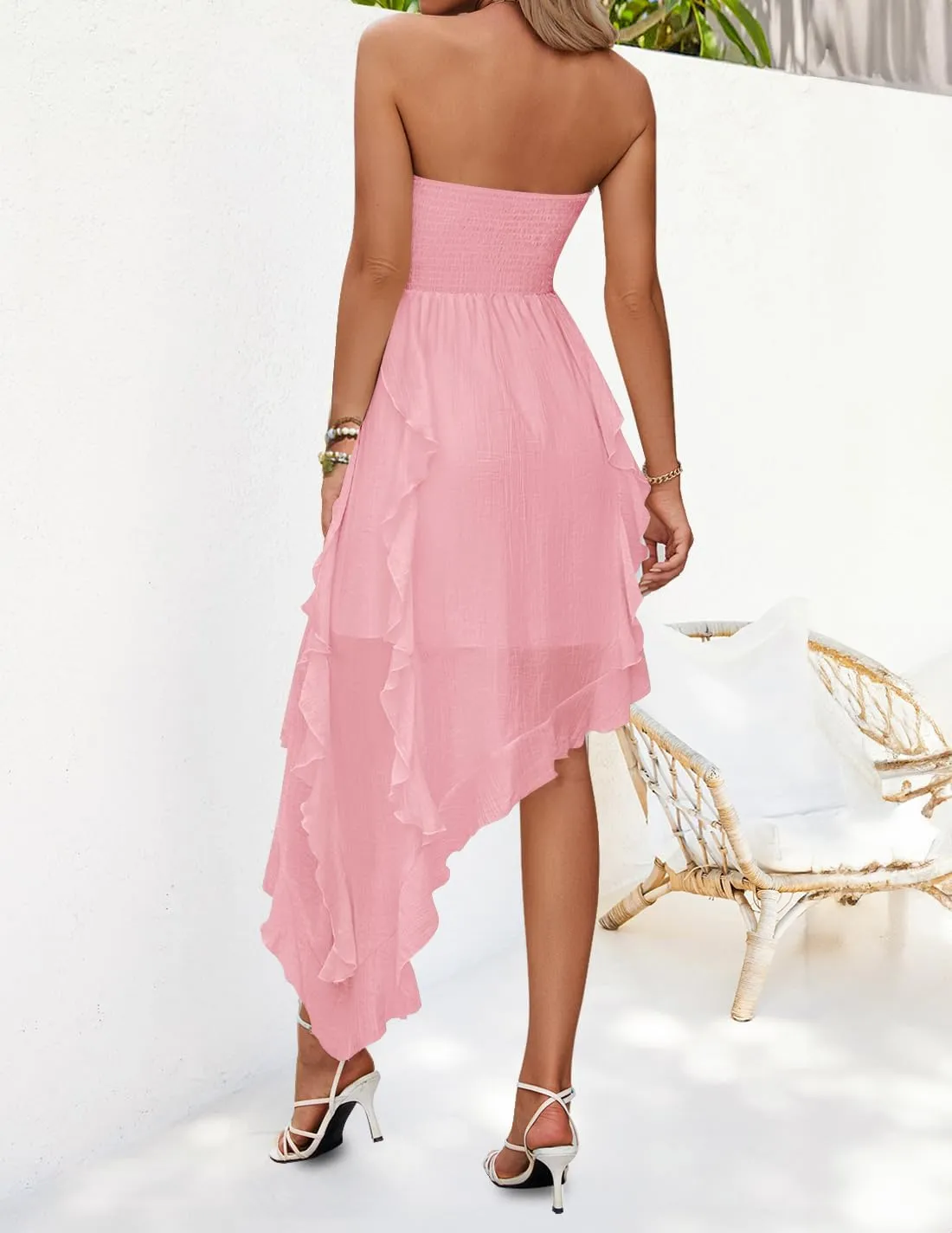 ZESICA Women's 2025 Summer Strapless Mini Dress Off Shoulder Smocked Tiered Ruffle Beach Vacation Tube Sundress