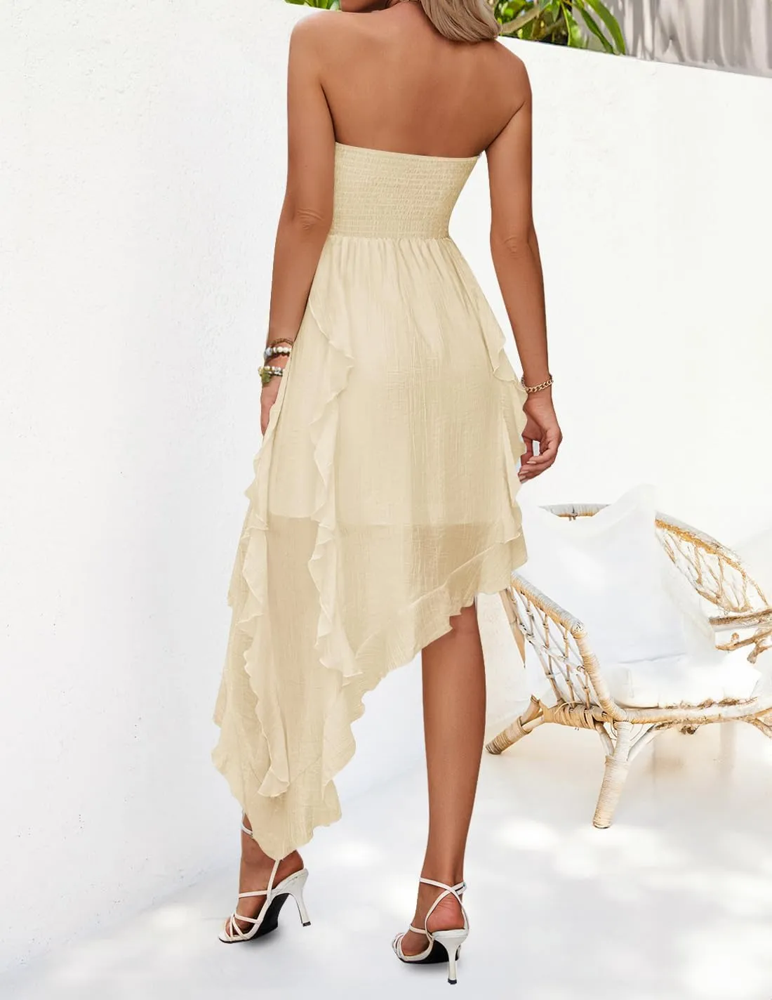 ZESICA Women's 2025 Summer Strapless Mini Dress Off Shoulder Smocked Tiered Ruffle Beach Vacation Tube Sundress