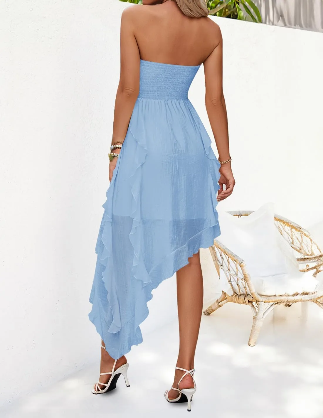 ZESICA Women's 2025 Summer Strapless Mini Dress Off Shoulder Smocked Tiered Ruffle Beach Vacation Tube Sundress