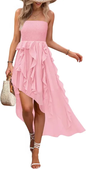 ZESICA Women's 2025 Summer Strapless Mini Dress Off Shoulder Smocked Tiered Ruffle Beach Vacation Tube Sundress