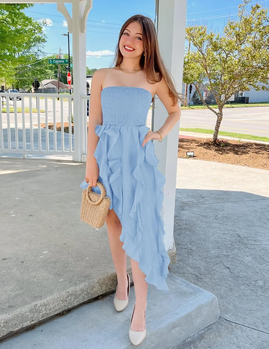 ZESICA Women's 2025 Summer Strapless Mini Dress Off Shoulder Smocked Tiered Ruffle Beach Vacation Tube Sundress