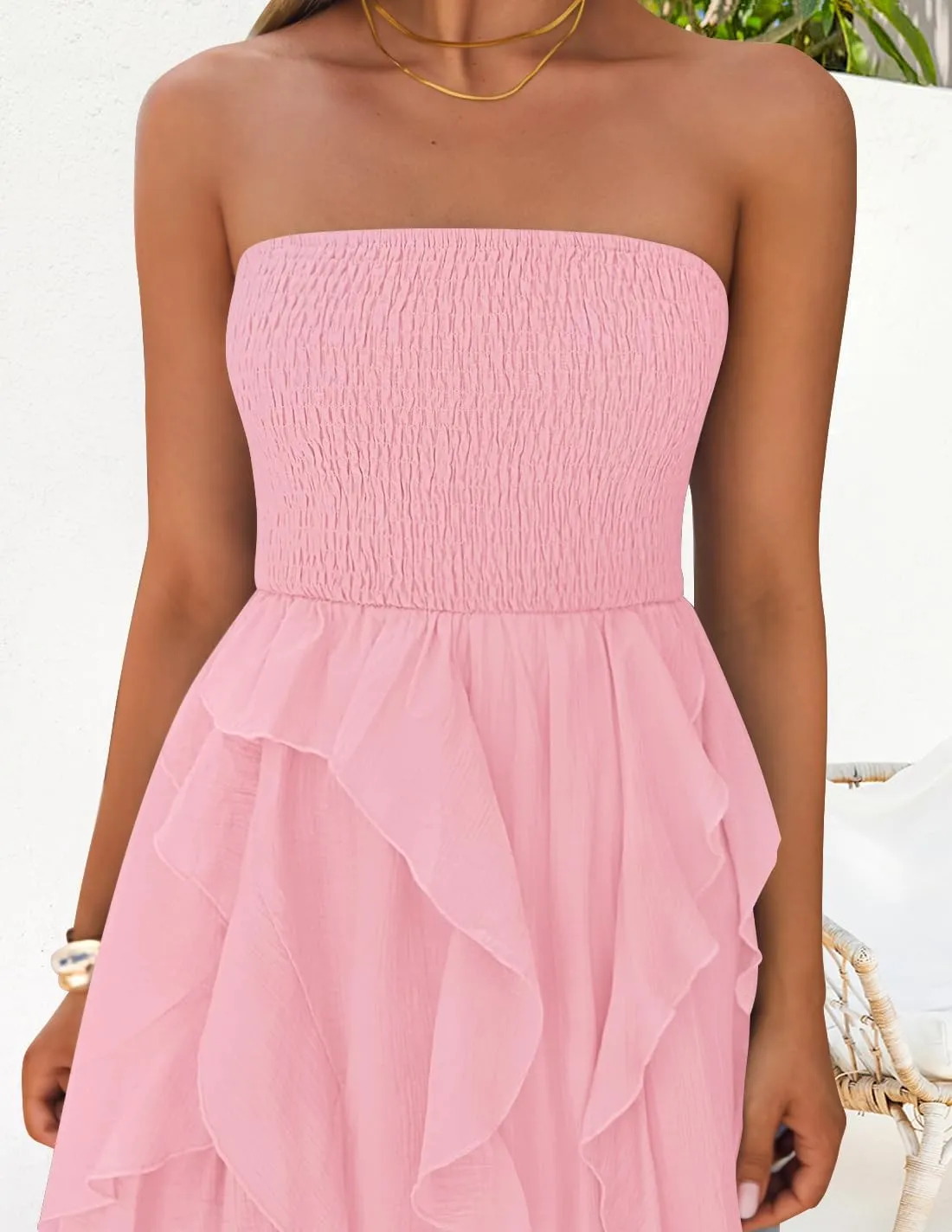 ZESICA Women's 2025 Summer Strapless Mini Dress Off Shoulder Smocked Tiered Ruffle Beach Vacation Tube Sundress