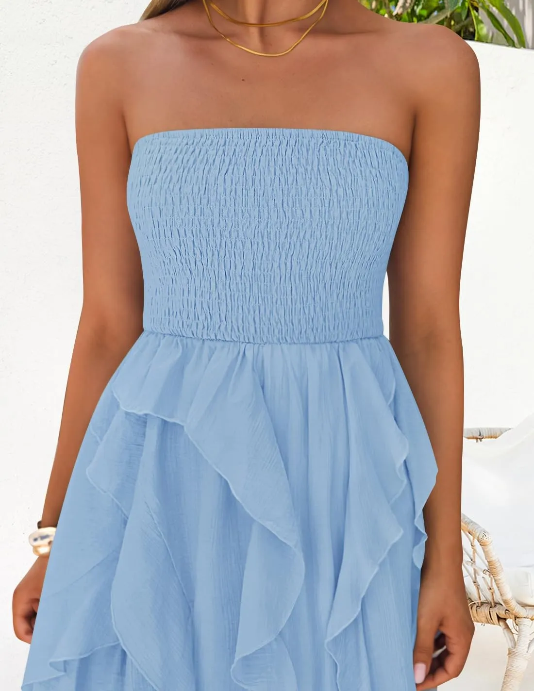 ZESICA Women's 2025 Summer Strapless Mini Dress Off Shoulder Smocked Tiered Ruffle Beach Vacation Tube Sundress