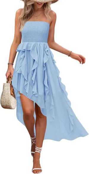 ZESICA Women's 2025 Summer Strapless Mini Dress Off Shoulder Smocked Tiered Ruffle Beach Vacation Tube Sundress